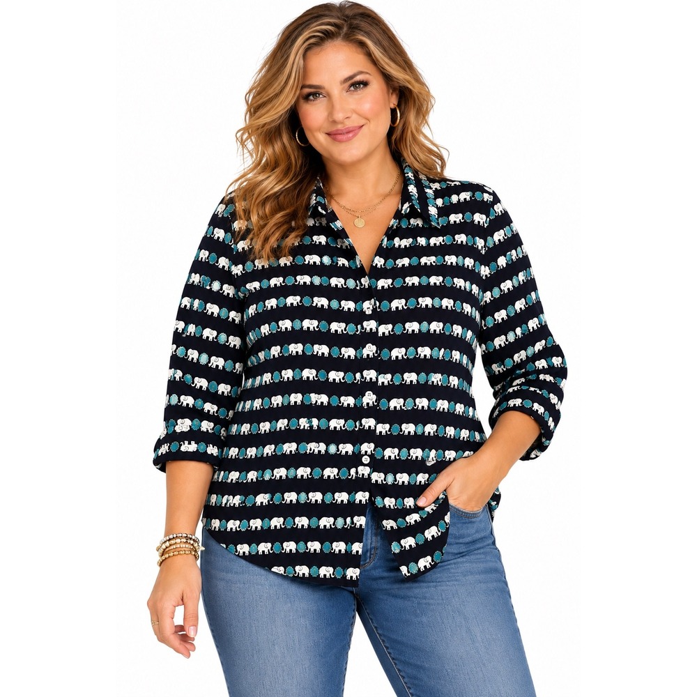 Crown & Ivy Navy Blue Elephant Print Cotton Button Down Shirt Plus Size 1X